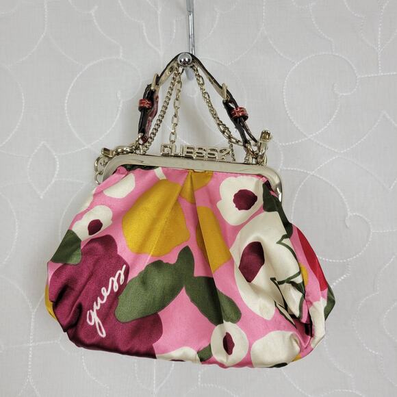 Guess Satin Handbag Small Purple Pink Floral Spell Out Alligator Leopard Chain - Picture 1 of 10